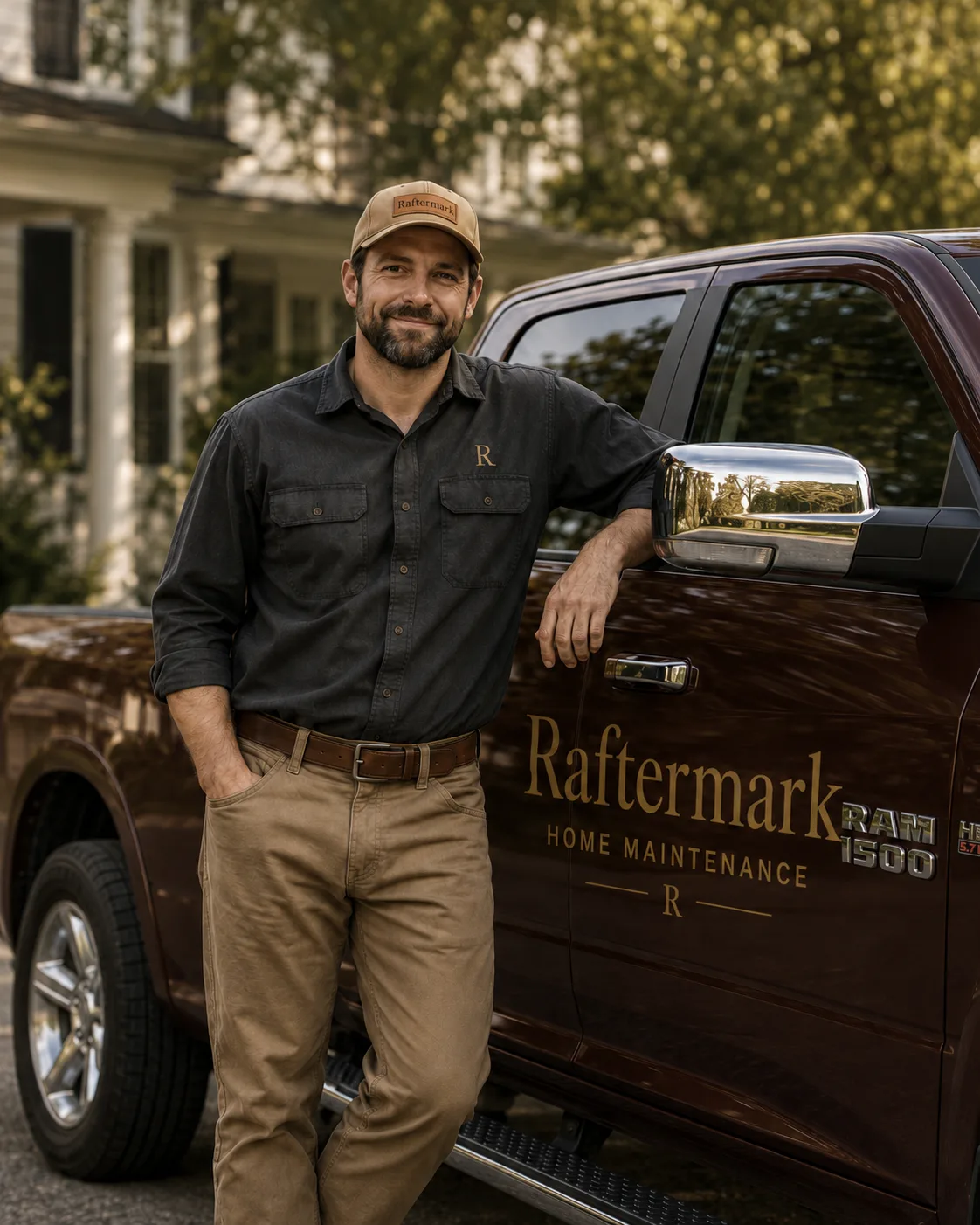 A Raftermark craftsman leaning against his branded service truck outside a home
